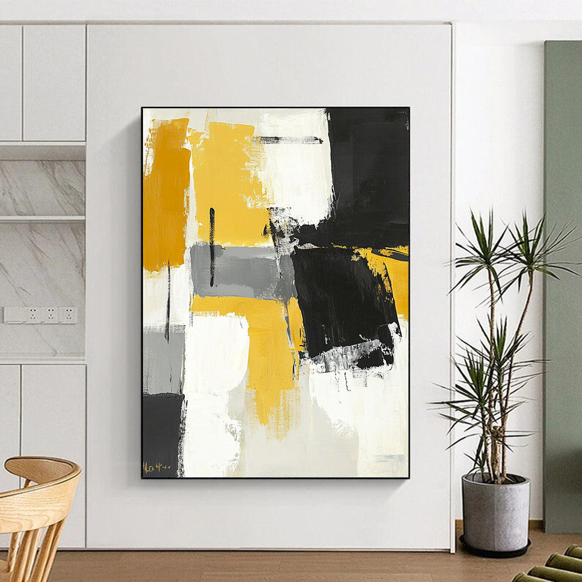 Contemporary hand-painted abstract art featuring black gray and yellow color blocks with brushstrokes on a neutral toned white background. DLZ0731