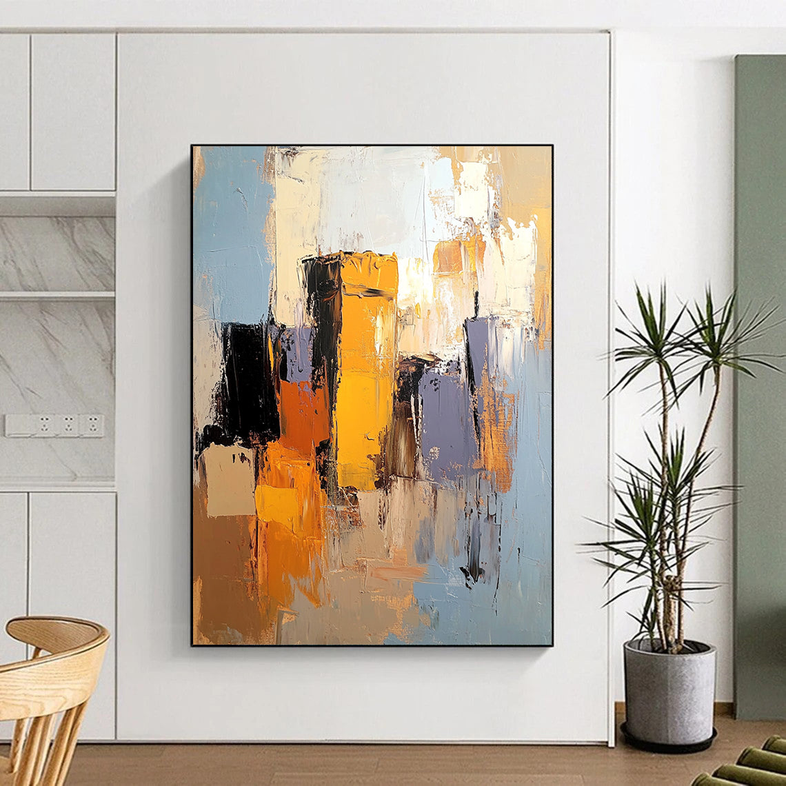 Contemporary abstract artwork showcasing the Alhambra in light blue, mustard yellow, and burnt sienna with gray and brown accents. DLZ0894