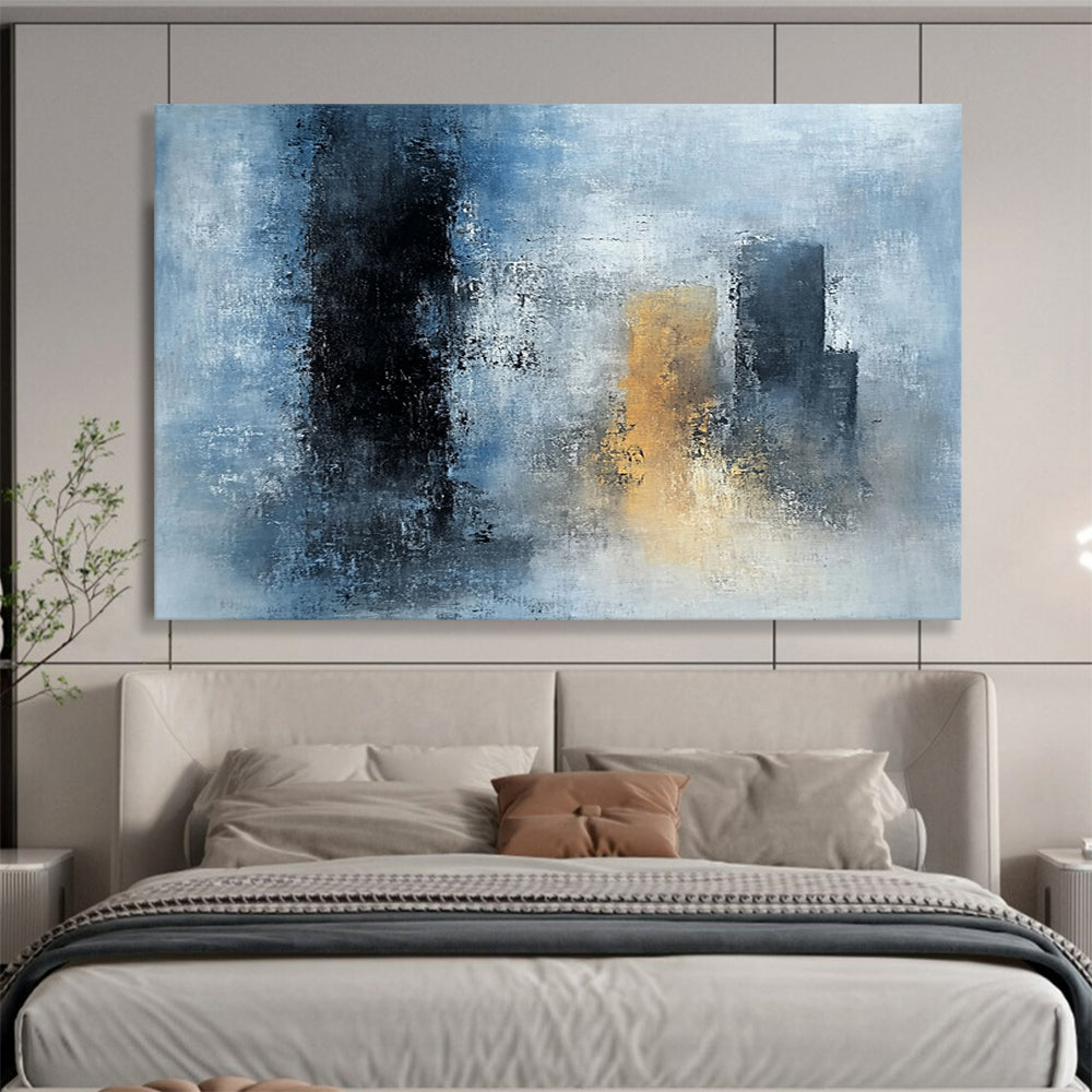 “Blue - Gray Abstract Urban Silhouettes” - Blue, Gray, Gold, City Shapes Painting On Canvas HB0840