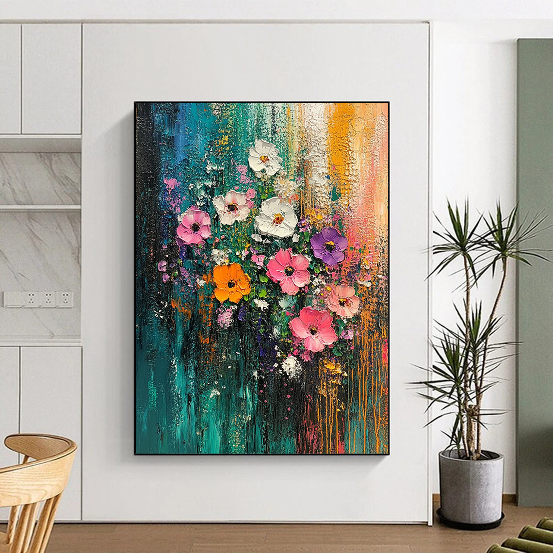 Vibrant contemporary abstract painting featuring colorful flowers against a textured forest backdrop that invites you to explore its lively landscape. DLZ1022