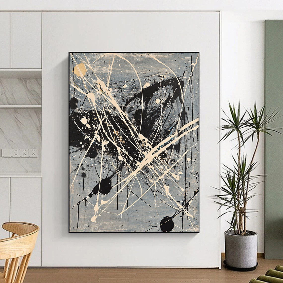 Gray, Black, White, Gold, Splattered Lines "Celestial Web" Abstract Pollock - Inspired Painting On Canvas HB052