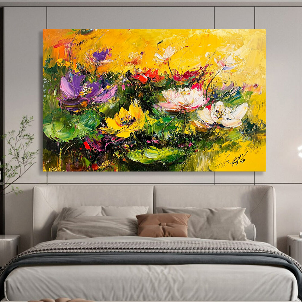 “Vibrant Colorful Lotus Pond” - Vivid Palette, Expressive Lotus Flowers Painting On Canvas HB0877