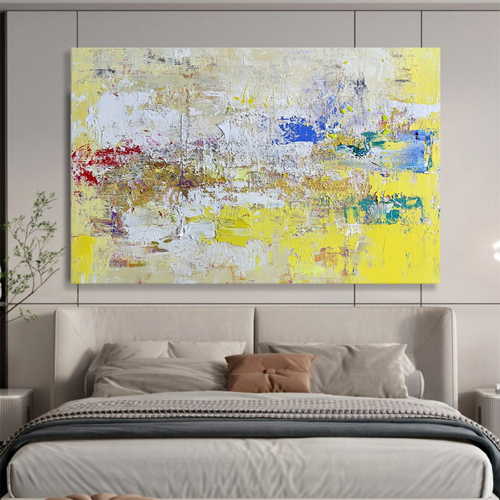“Yellow - Based Abstract Textures” - Yellow, White, Colorful Splashes - Painting On Canvas HB1407