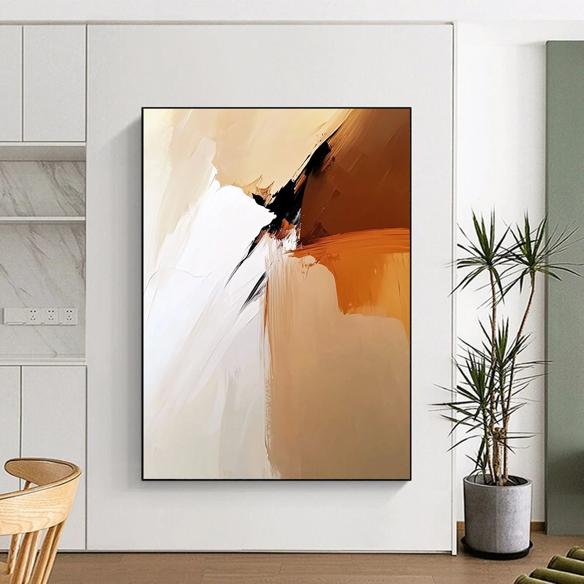 Contemporary hand-painted abstract artwork featuring soft tones of beige and white with smooth brush strokes and calm minimalistic elegance. DLZ0291