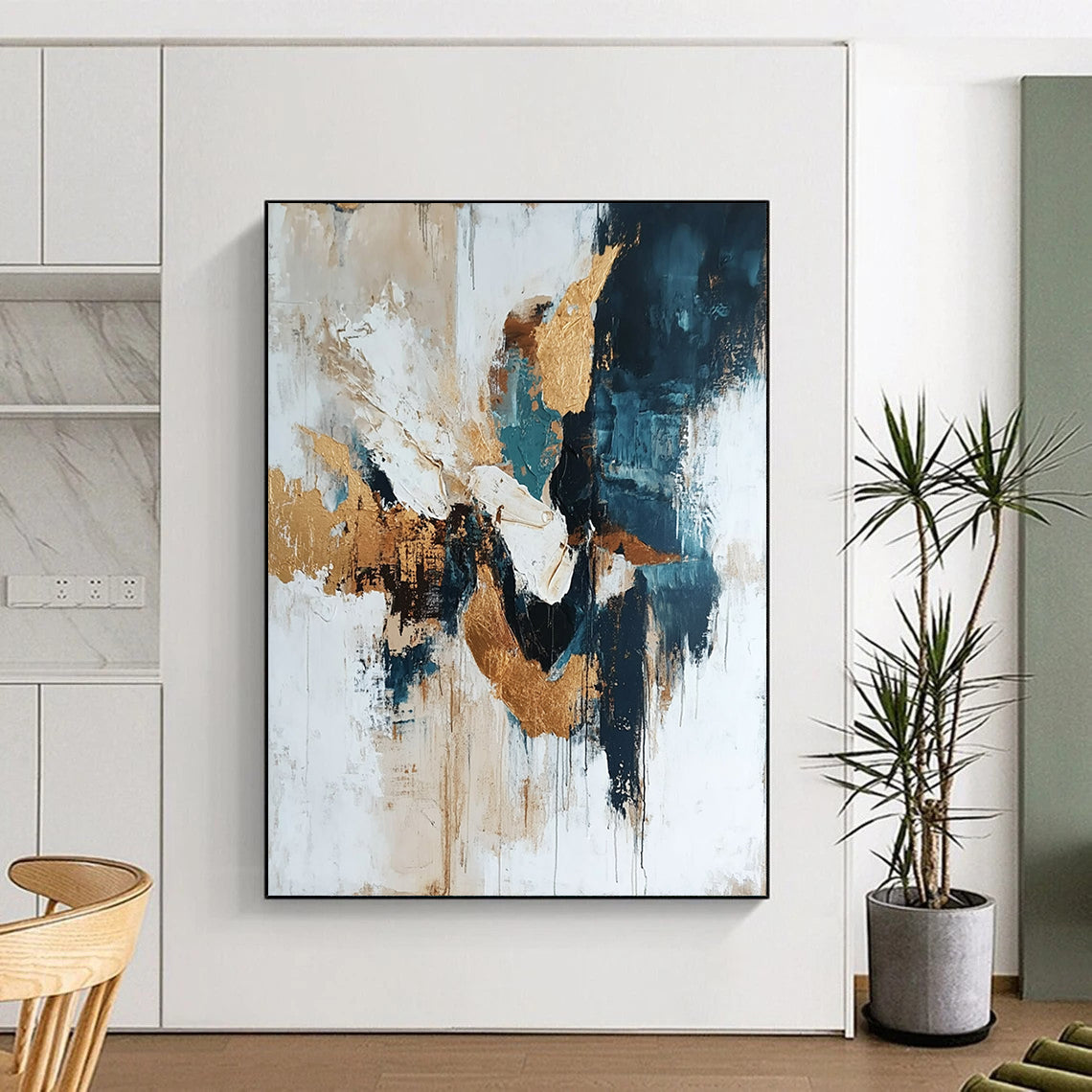 Contemporary abstract artwork featuring gold leafing and glitter on a white background with organic shapes and diverse tones of blue and gray. DLZ0543