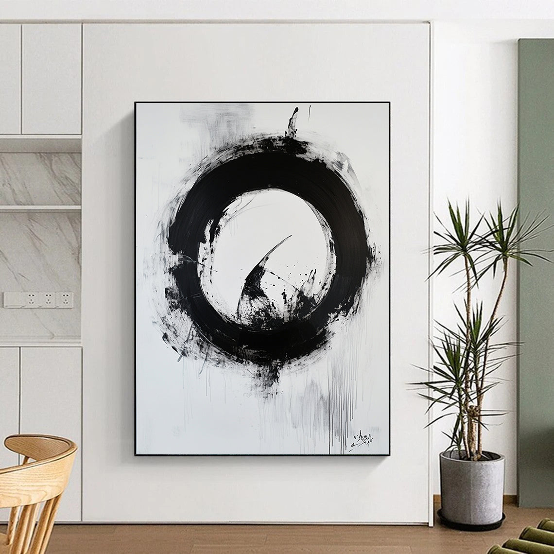 Black and White Textured Circle "Rough Enlightenment" Painting On Canvas HB265
