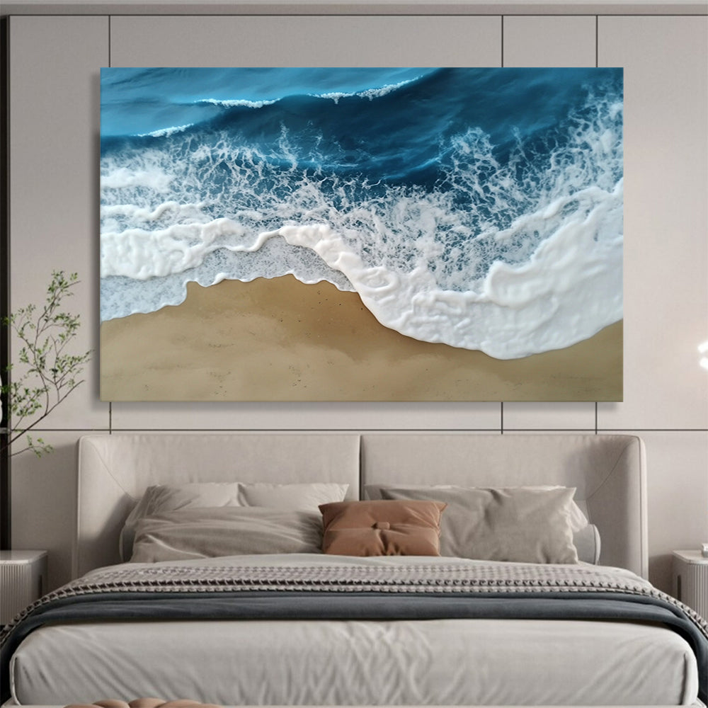 “Textured Ocean Waves” - Blue, White, Beige, 3D - Like Seascape Painting On Canvas HB0688