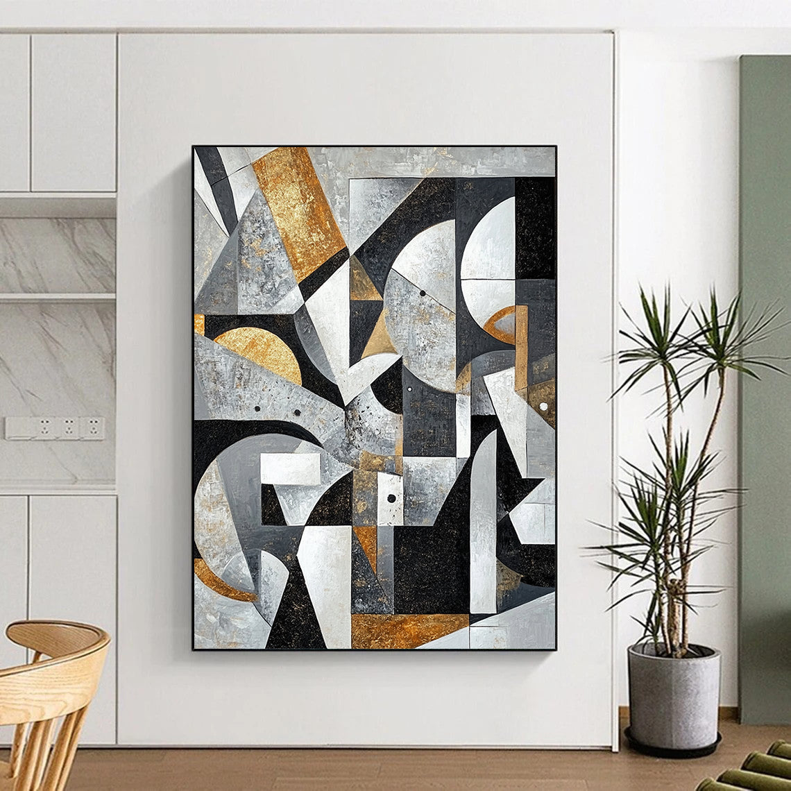 Gray, Black, White, Gold and Brown Geometric Abstraction "Vintage Geometry" Painting On Canvas HB395