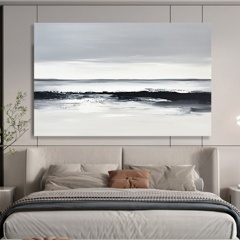 “Monochrome Sea Horizon” - Blacks, Whites, Grays, Sea Landscape - Minimalist Oil Painting HB1588