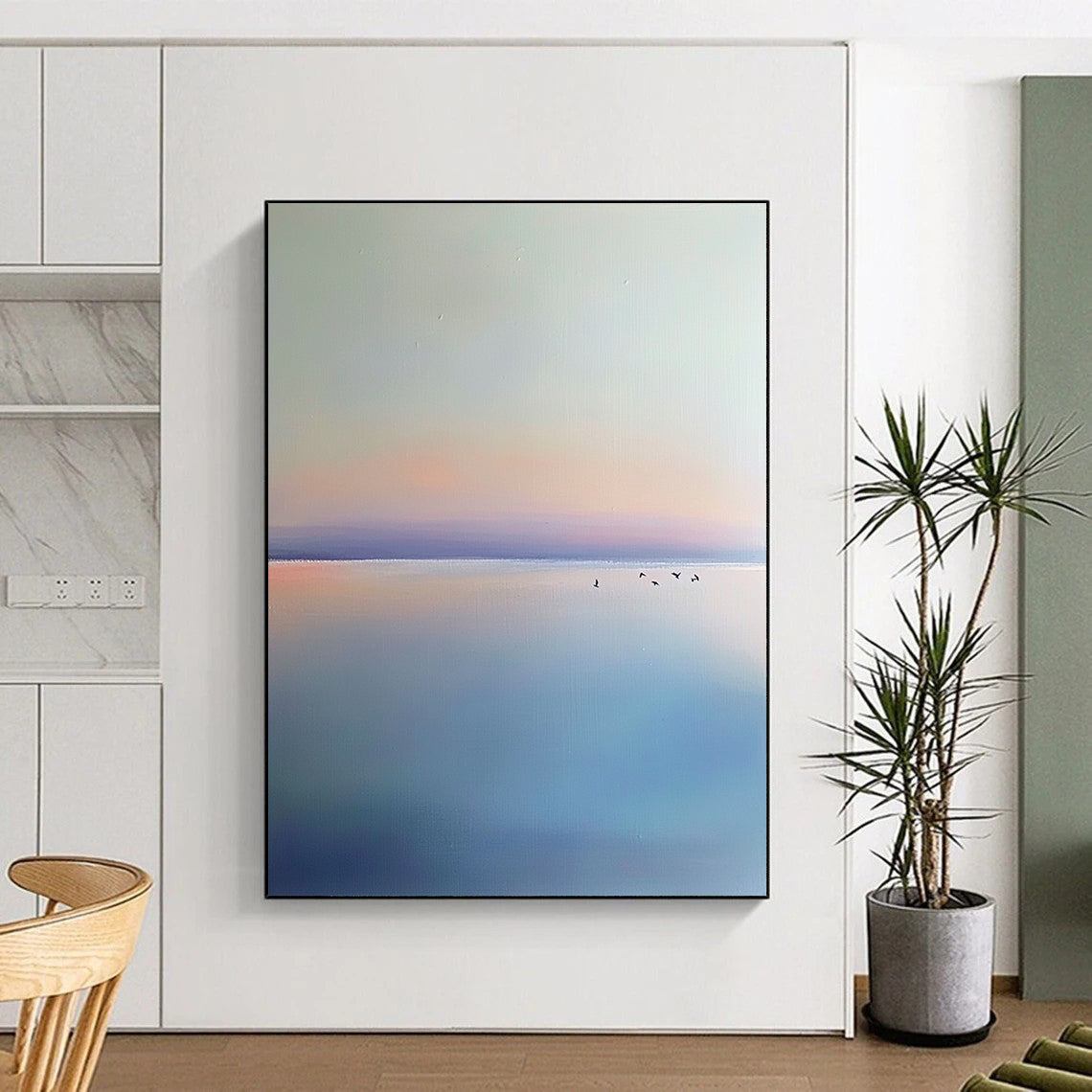 Contemporary hand-painted abstract artwork featuring a light blue and purple sky, birds, calm horizon, and serene beach in a minimalist style. DLZ0648