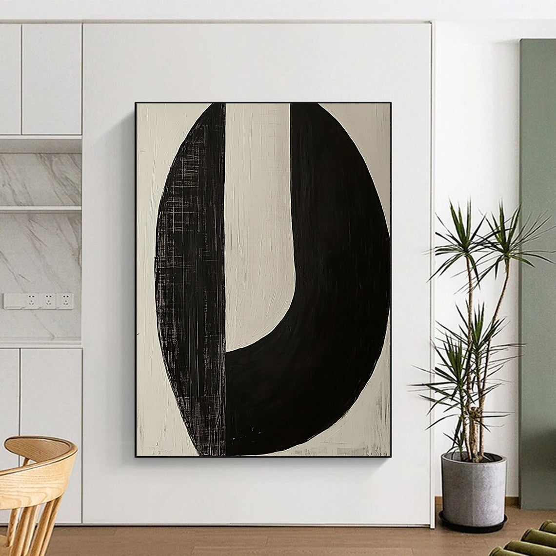 Contemporary large abstract painting featuring two minimalist axe-shaped forms in striking black and white tones for a bold artistic statement. DLZ1548