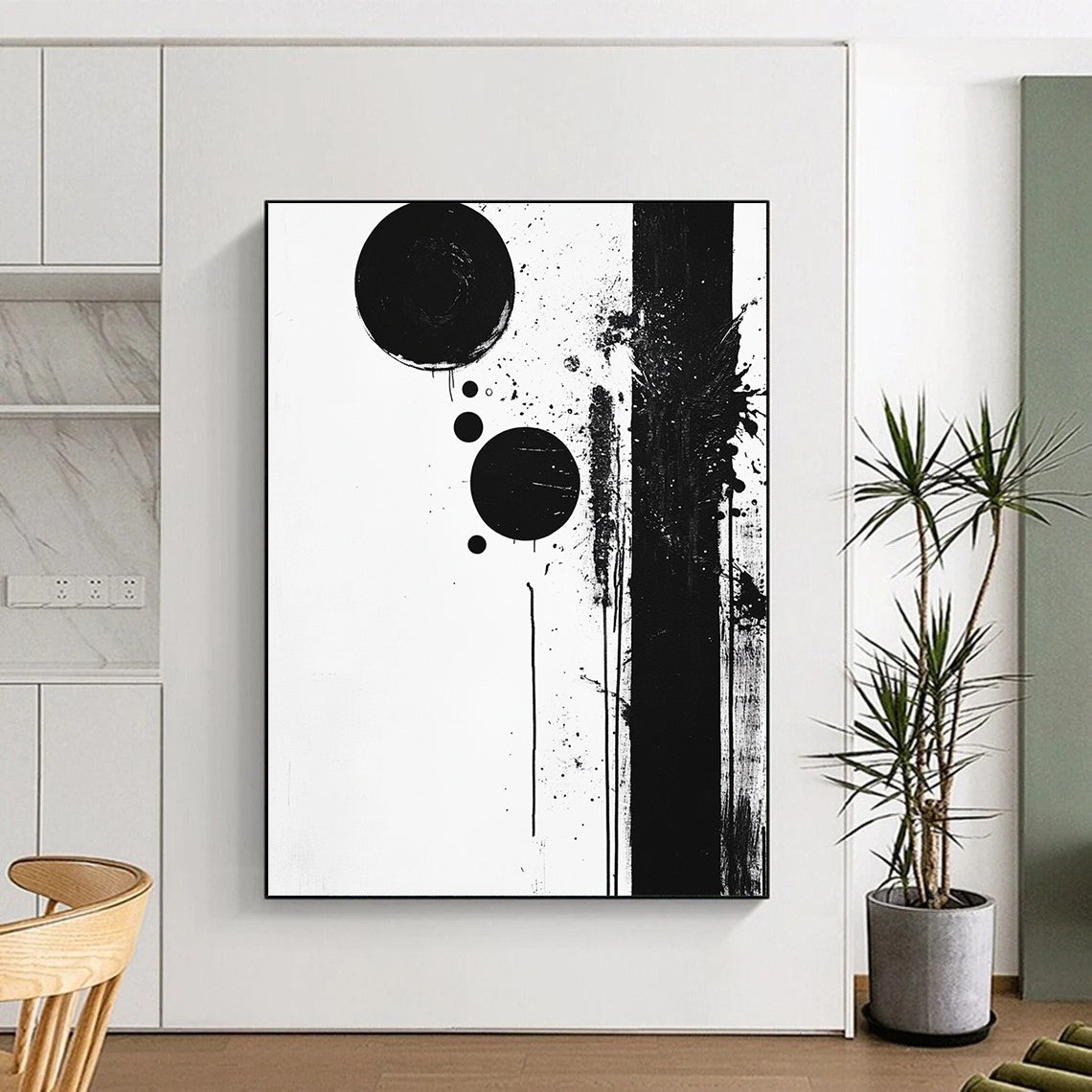 Black Circles, Dots & Splatter - “Dynamic Ink Spots” Painting On Canvas HB236