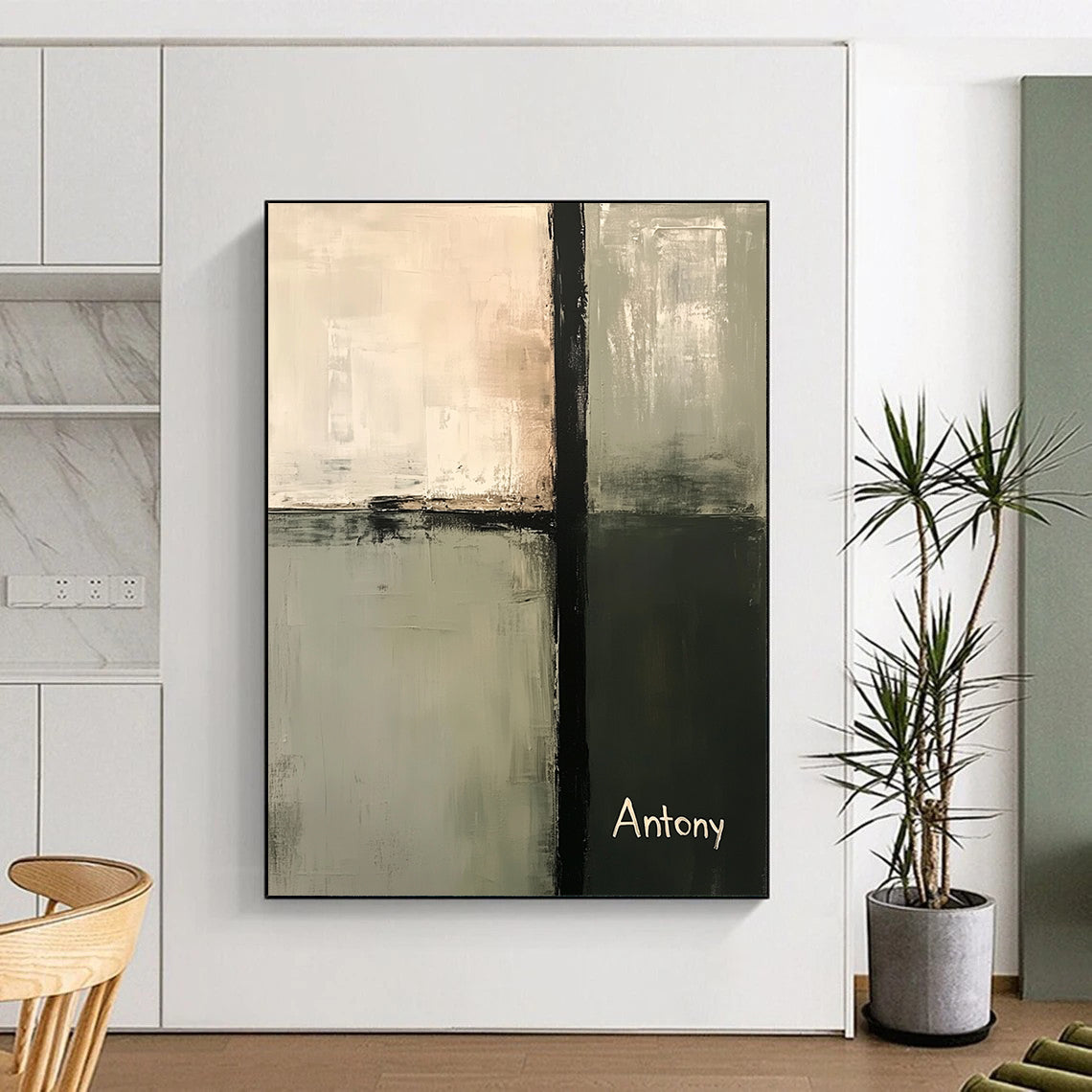 Contemporary abstract painting in neutral sage green and gray tones featuring a central tall vertical bar and the name Antony in the bottom corner. DLZ0434