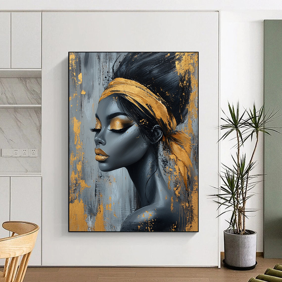 Contemporary abstract art featuring an elegant African woman with black and gold hair on a textured gray background adorned with gold paint splashes. DLZ0570