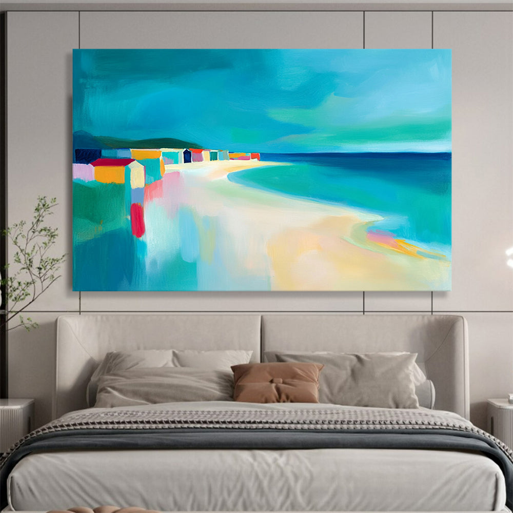 “Colorful Beach Scene with Abstract Houses” - Coastal Abstract Painting On Canvas HB0520