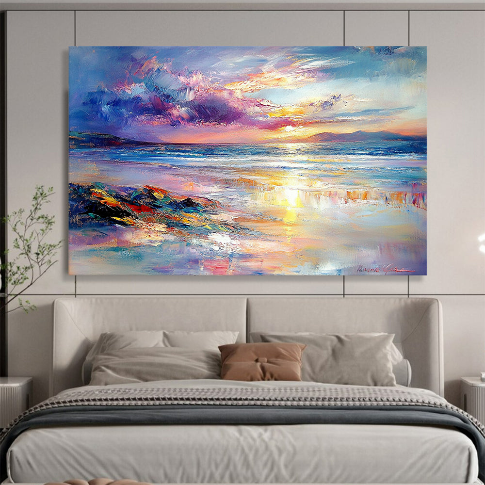 “Colorful Coastal Sunset” - Purple, Pink, Orange, Blue, Beach and Sky - Impasto Oil Painting HB1702