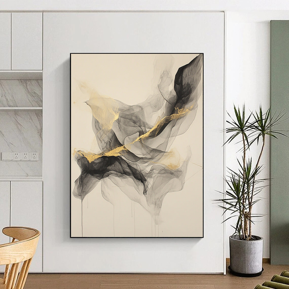 Beige, Gray, Gold, Flowing Shapes "Smoky Allure" Abstract Painting On Canvas HB028