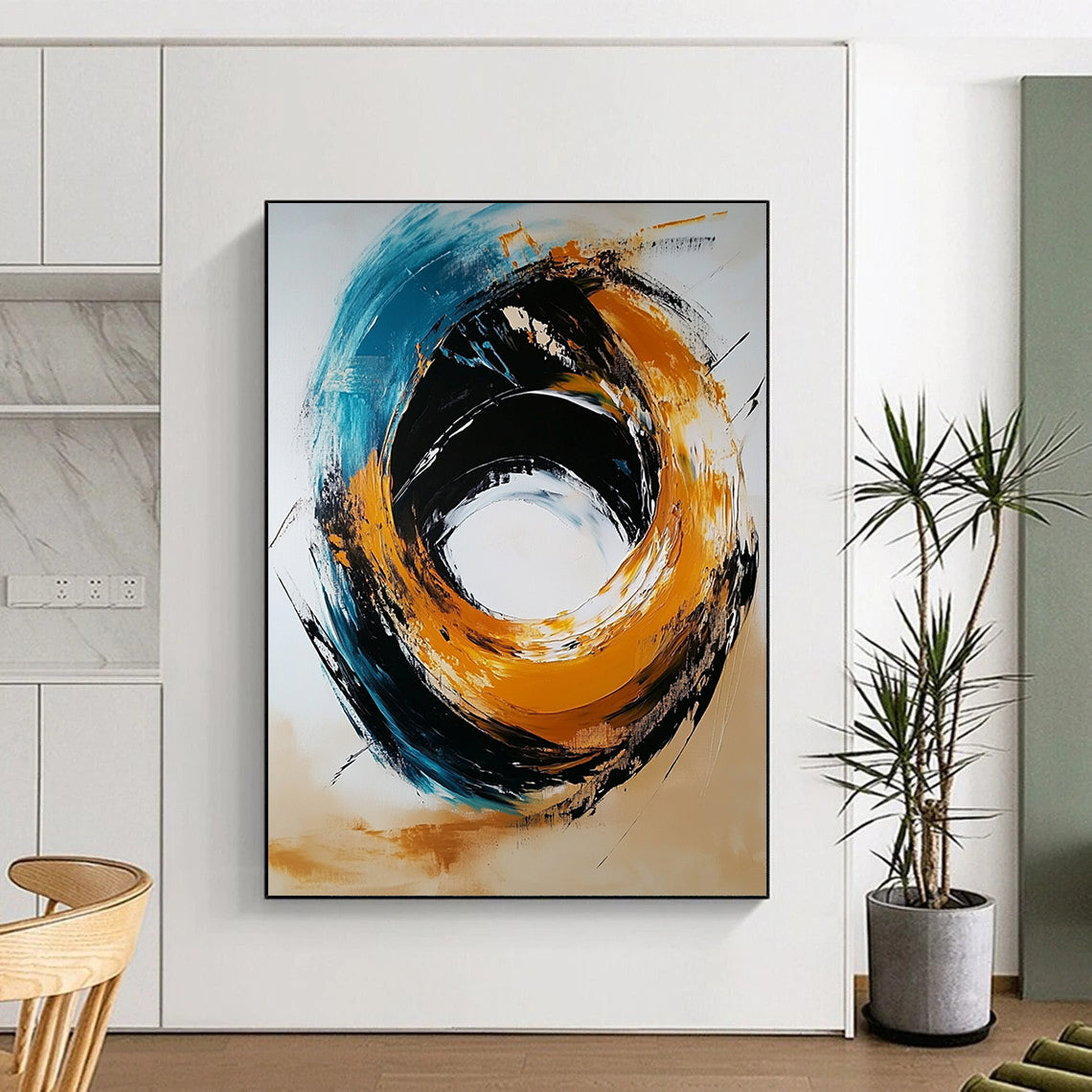 Contemporary hand-painted abstract artwork featuring a black and gold color scheme with a light orange circle and navy blue turquoise swirls against a white background. DLZ0446