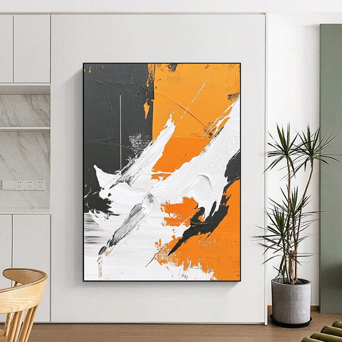 Contemporary hand-painted abstract art featuring thick brushstrokes, geometric elements, and a polar bear silhouette against a gray background with vibrant orange and white details. DLZ0653