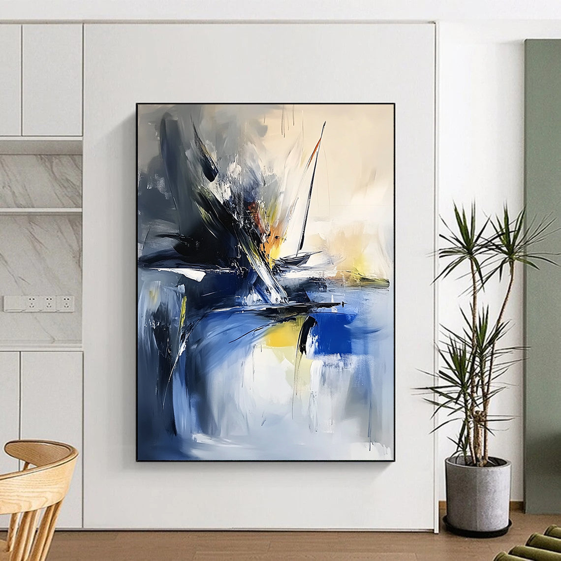 Modern abstract painting showcasing thick brush strokes and textured palette knife techniques in vibrant sea-inspired colors featuring a small sailboat in the corner. DLZ0957