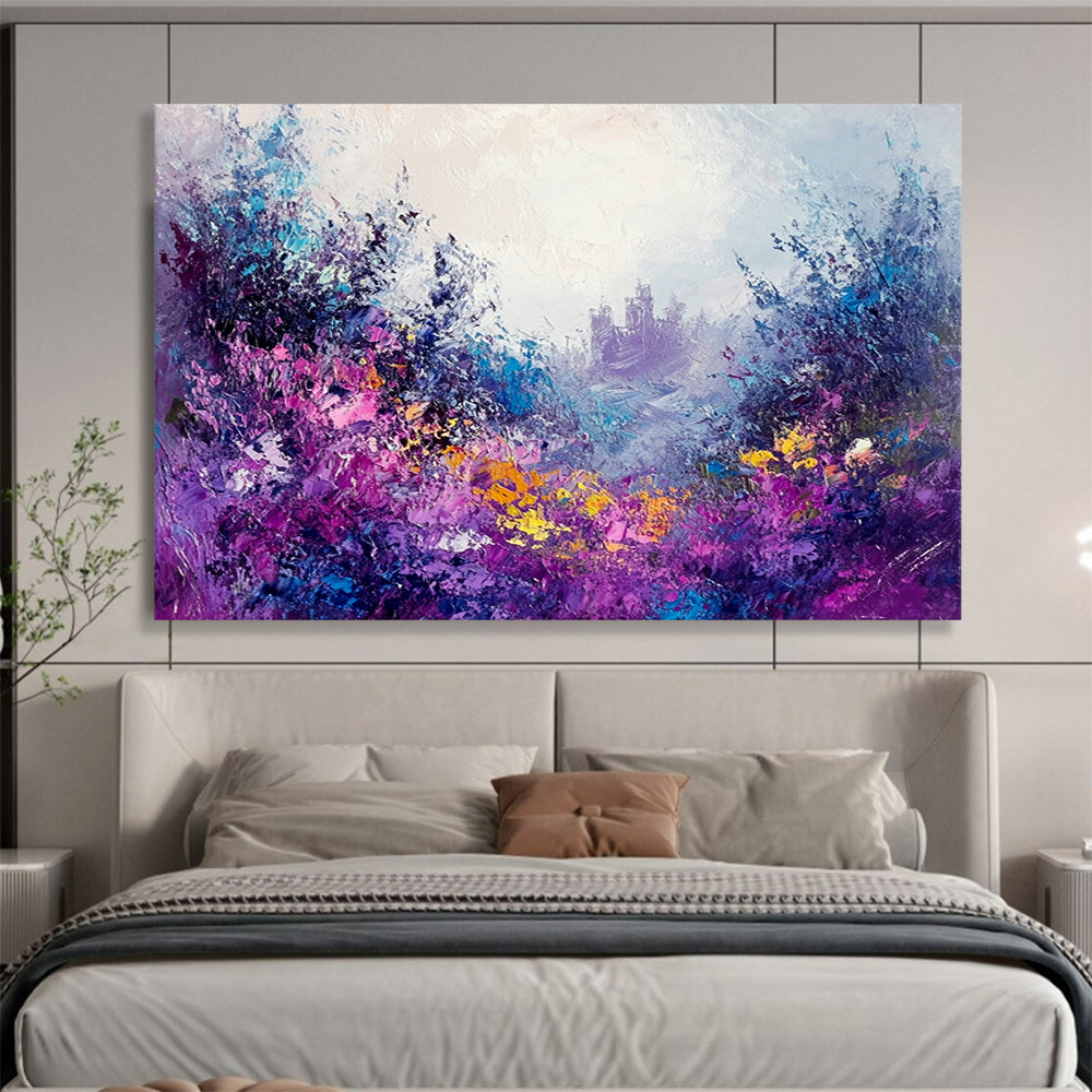 Purple - Hued Floral Fantasy with Castle - Dreamy Impasto Landscape Painting On Canvas HB0436