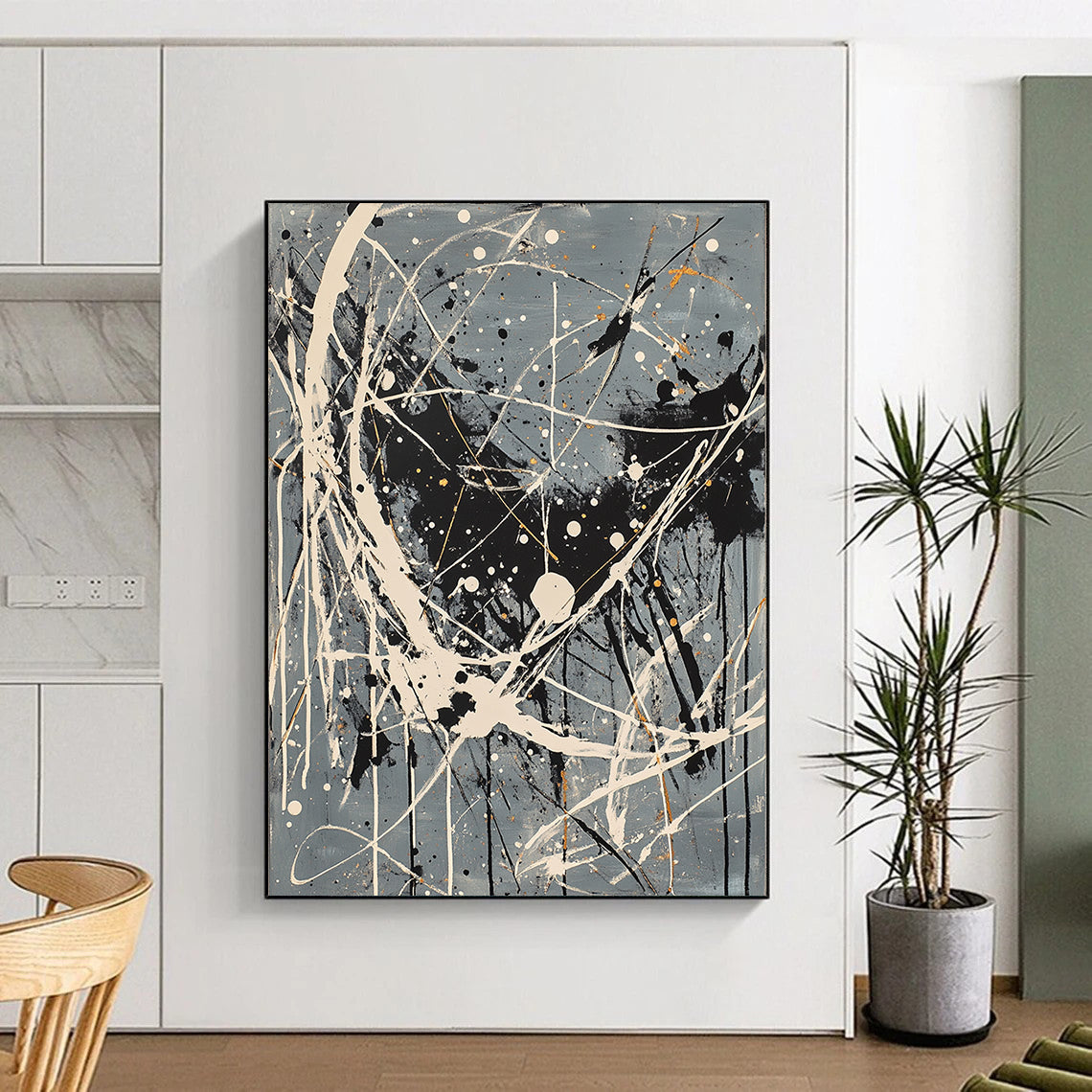 Gray, Black, White, Gold, Complex Drips "Starry Maze" Abstract Pollock - Inspired Painting On Canvas HB054
