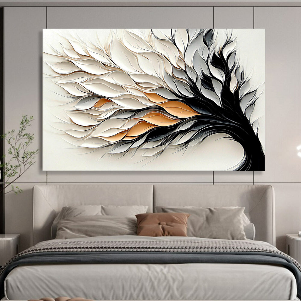 “Textured Tree” - White, Gray, Black, Gold with Layered Leaves - 3D Abstract Sculpture HB1345