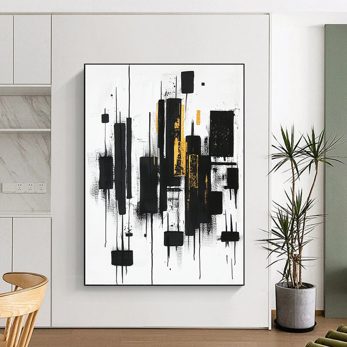 Black, White, Gold and Gray Abstract "Vertical Dynamics" Painting On Canvas HB405