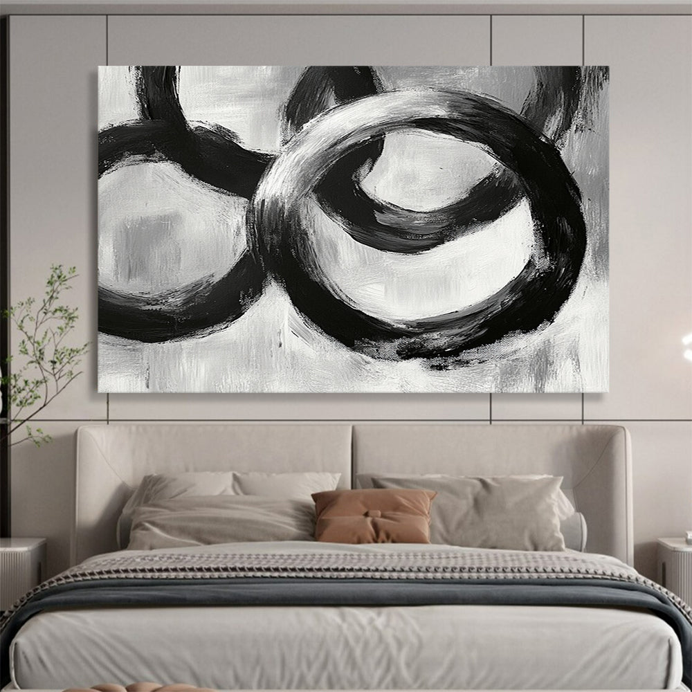 “Interlocking Black Rings” - Blacks, Whites, Grays, Abstract Circular Forms - Acrylic Painting HB1622