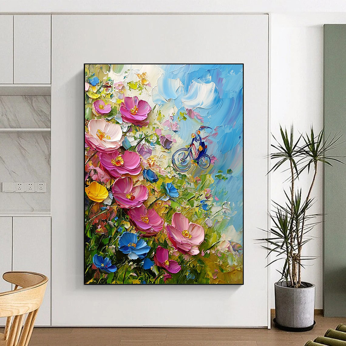 Contemporary hand-painted abstract art features vibrant pink and blue wildflowers, created using a palette knife in an expressive Impressionist style. DLZ1259