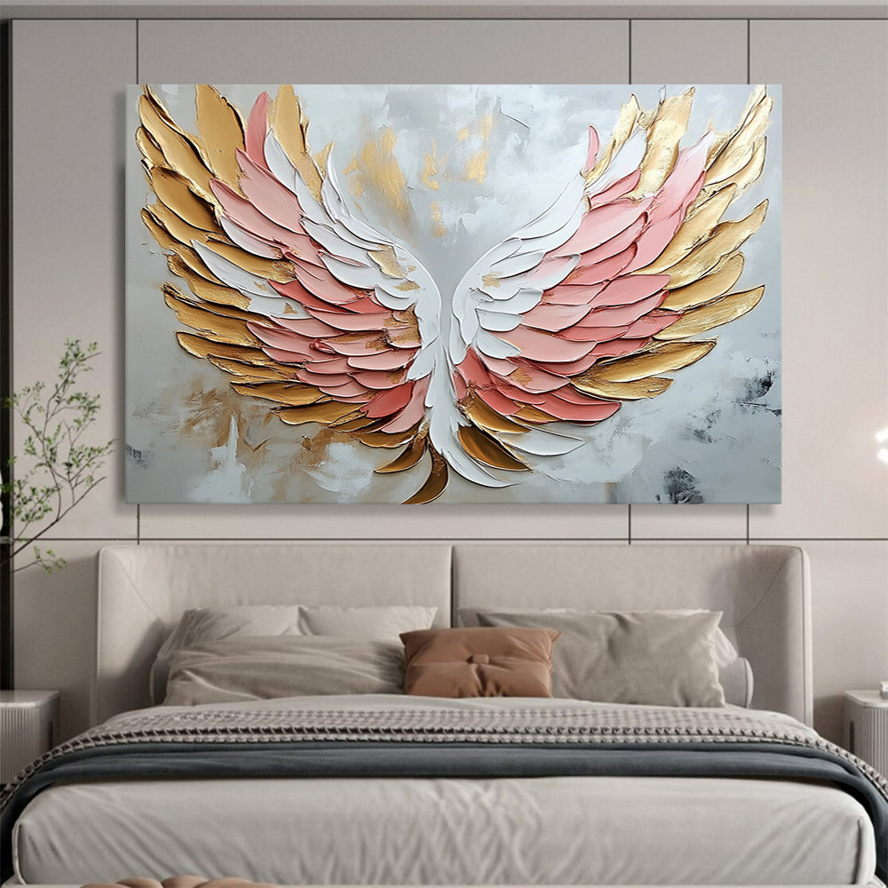 “Textured Angel Wings Abstract” - Gold, Pink, White with 3D Wings - Painting On Canvas HB1398