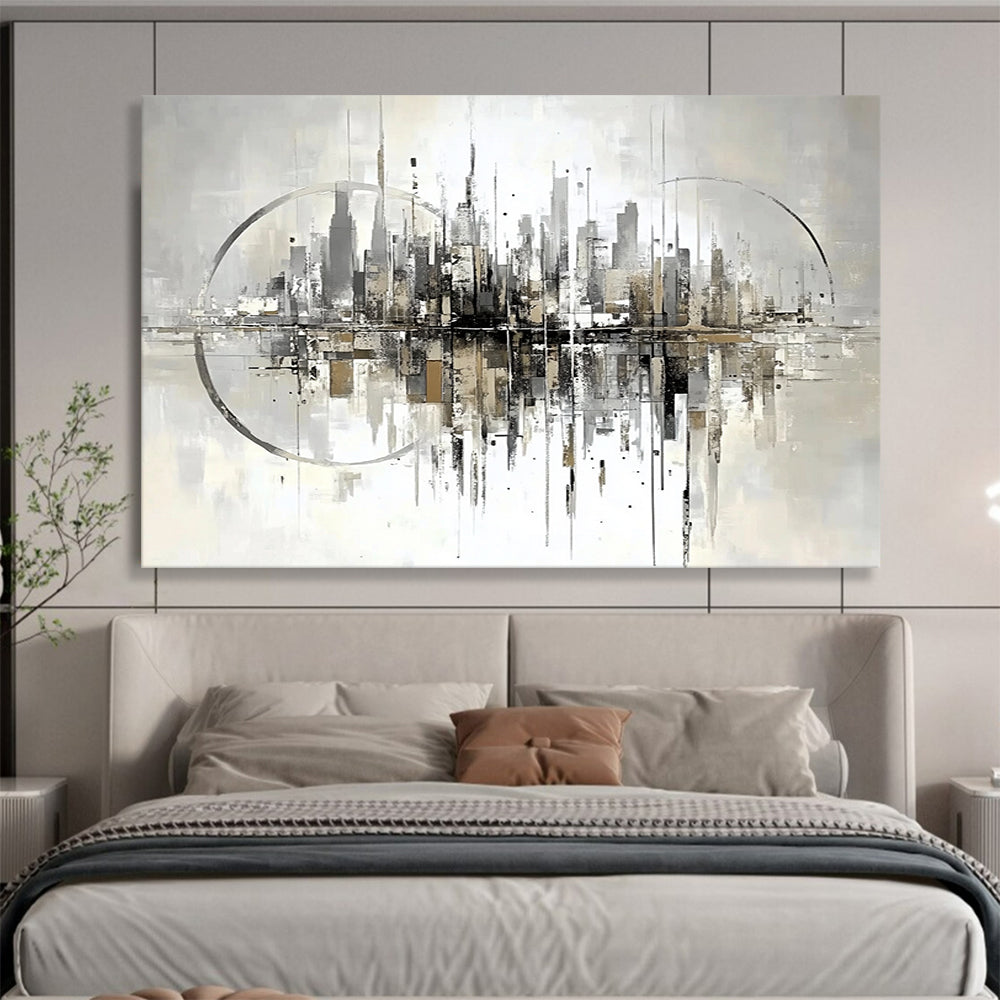 “Abstract Cityscape Reflection” - Gray, Beige, City, Reflection Painting On Canvas HB0765