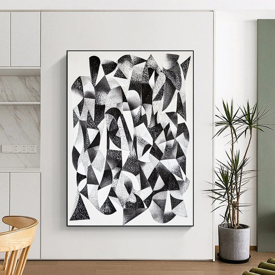 Black and White Geometric Abstraction "Monochrome Geometry" Painting On Canvas HB390
