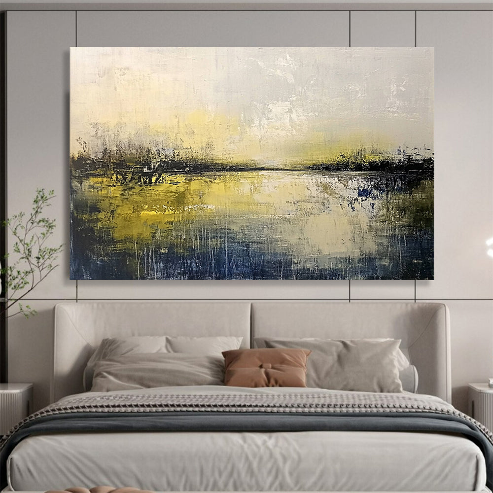 “Misty Yellow Lake” - Yellow, Gray, Hazy Sky and Reflective Water Painting On Canvas HB0939