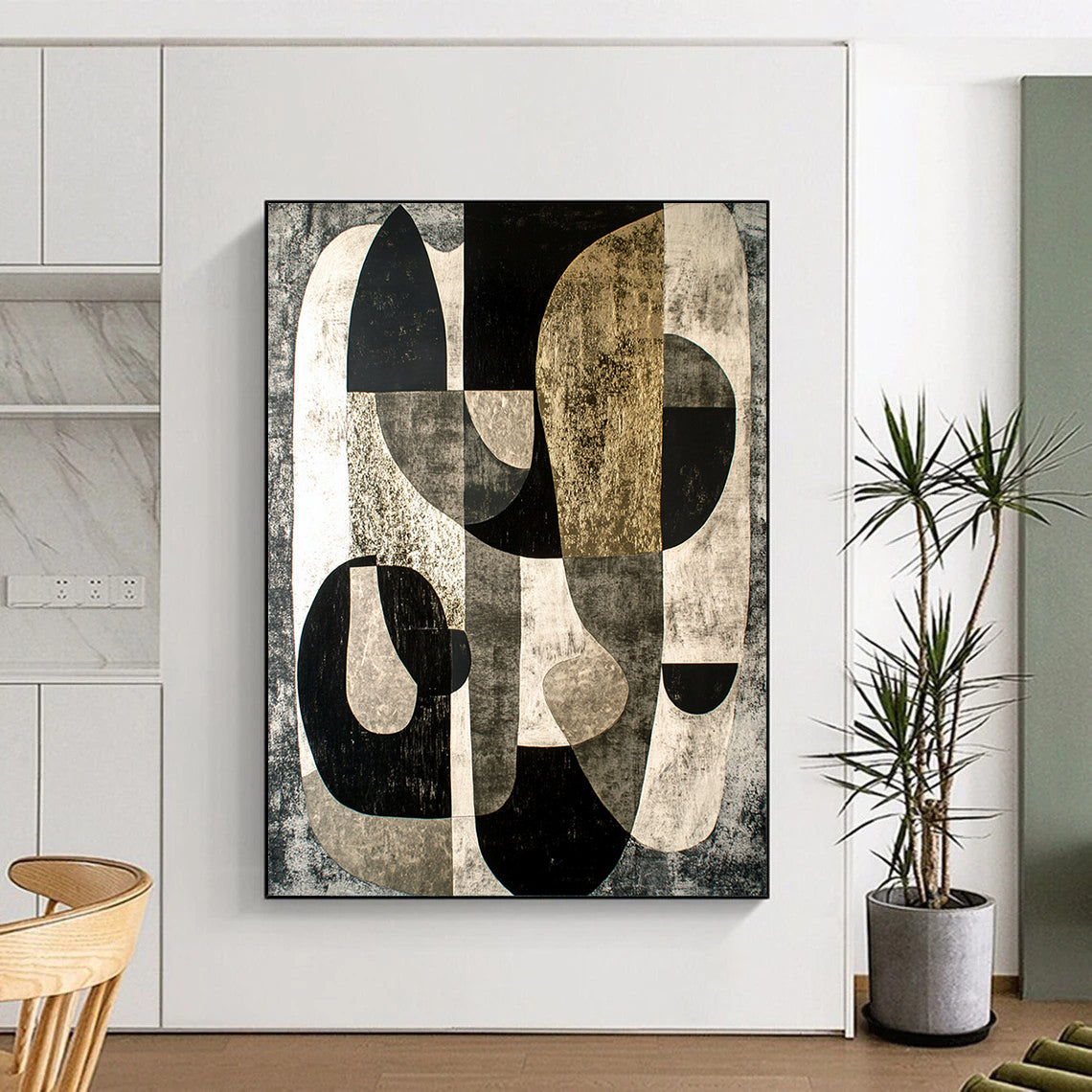 Black, Gray & Gold Abstract Forms - “Gilded Industrial Abstraction” Painting On Canvas HB204