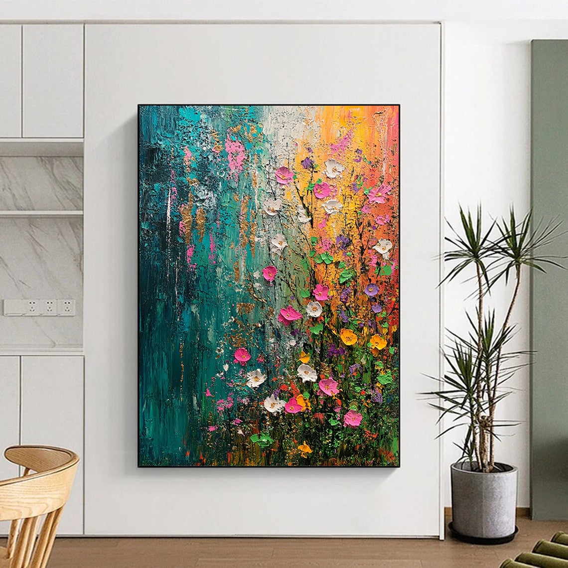 Contemporary abstract painting capturing spring's essence with vibrant flowers and trees in green blue pink and yellow accented by gold and silver textures. DLZ0644