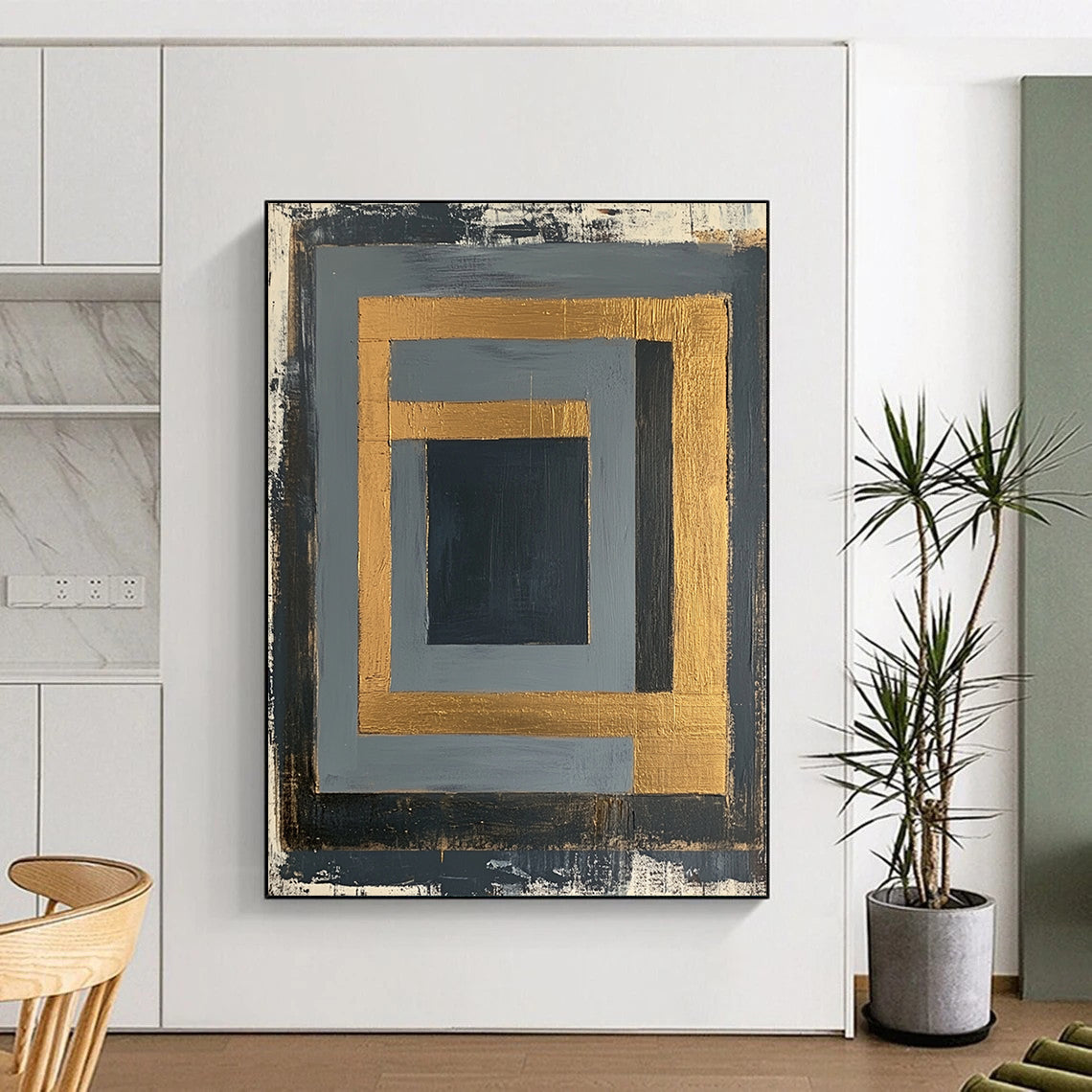 Gray, Black, Gold and White Geometric Frames "Framed Mystery" Painting On Canvas HB349