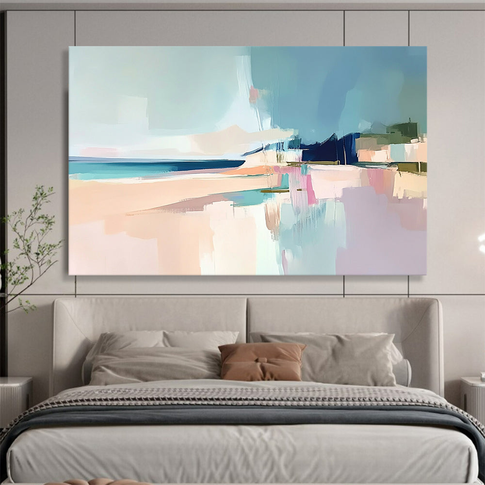 “Pastel Coastal Abstract” - Soft Blue, Pink, Beige, Abstract Beach Scene Painting On Canvas HB0980