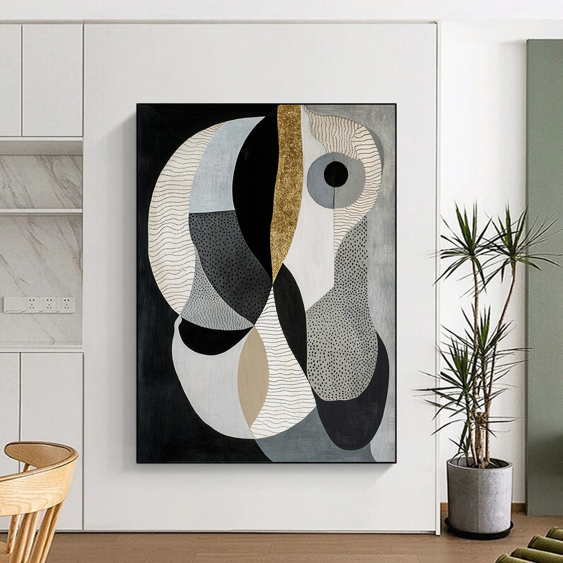 Black, Gray, Beige & Gold Geometric Shapes - “Gilded Modern Geometry” Painting On Canvas HB211