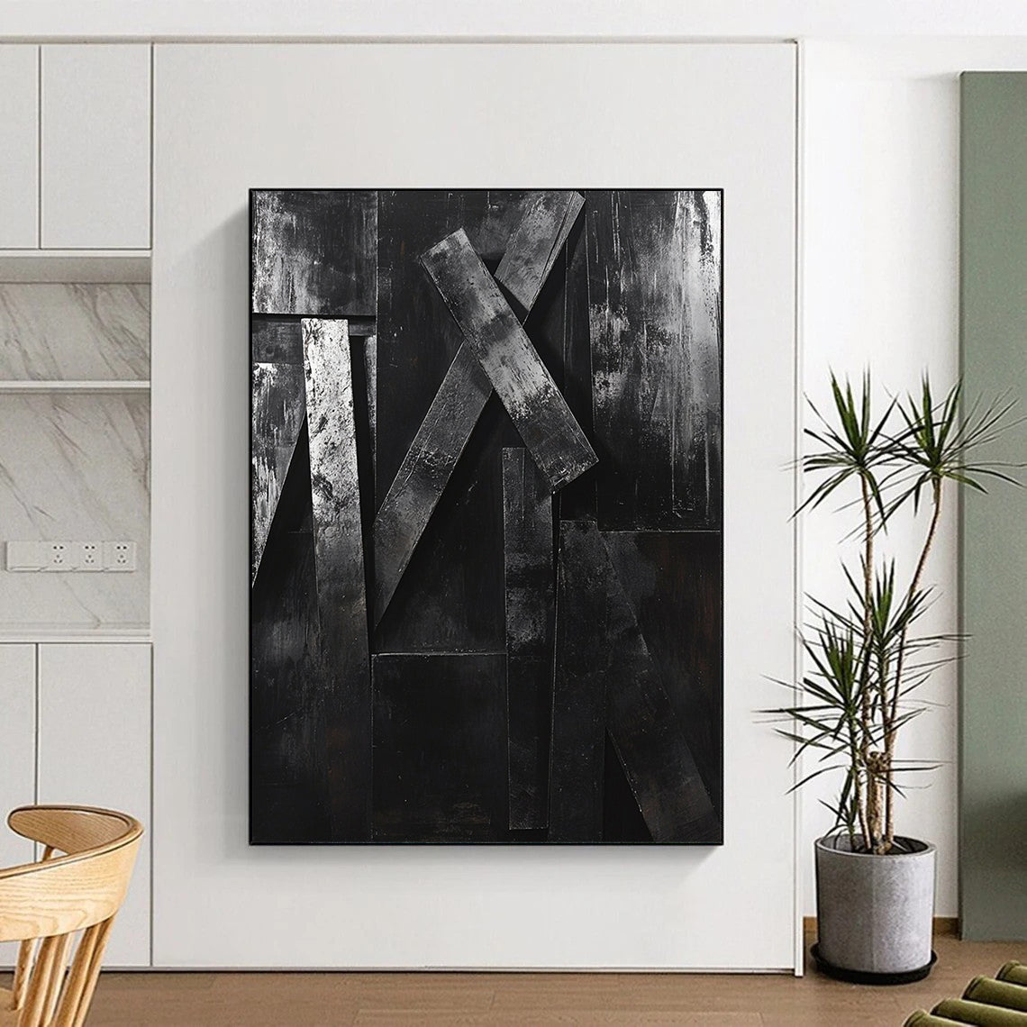 Textured Black Geometric Forms "Raw Structure" Painting On Canvas HB294