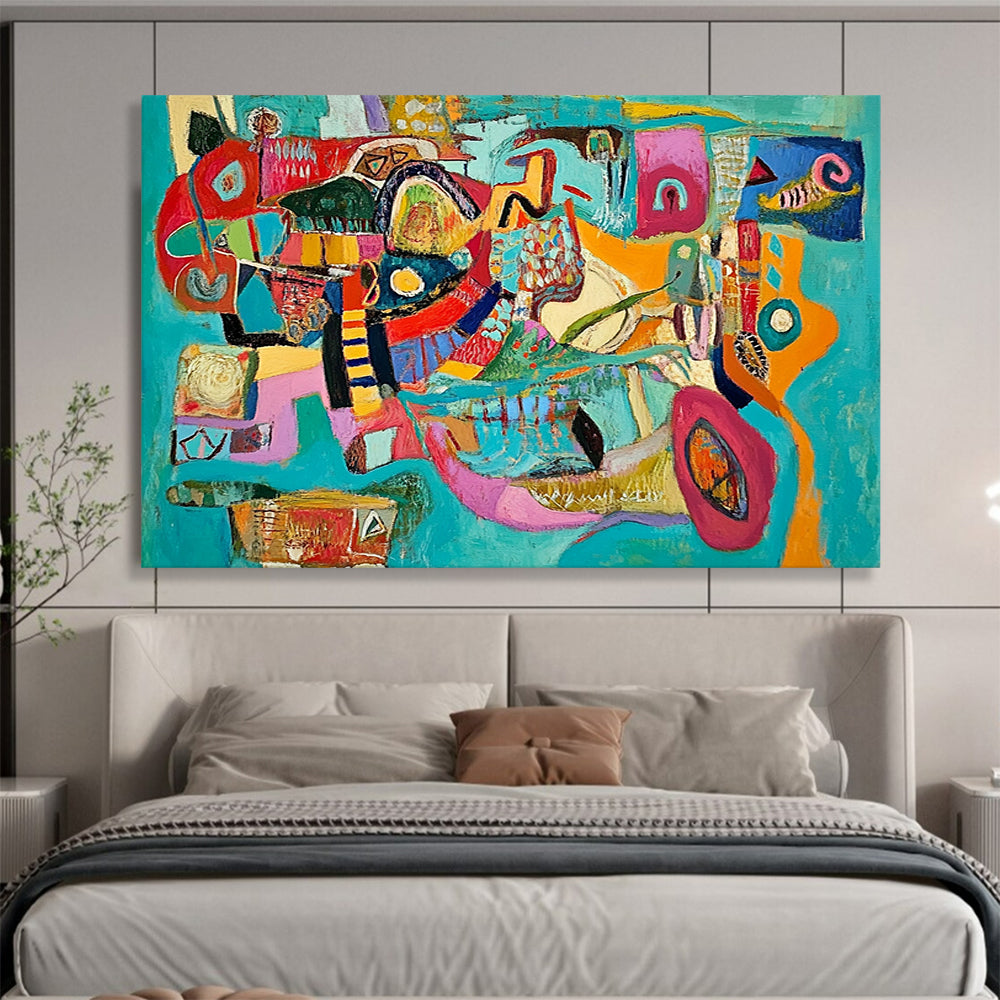 Colorful Turquoise - Based Abstract Collage – Mixed - Media Abstract Shape Painting HB1471