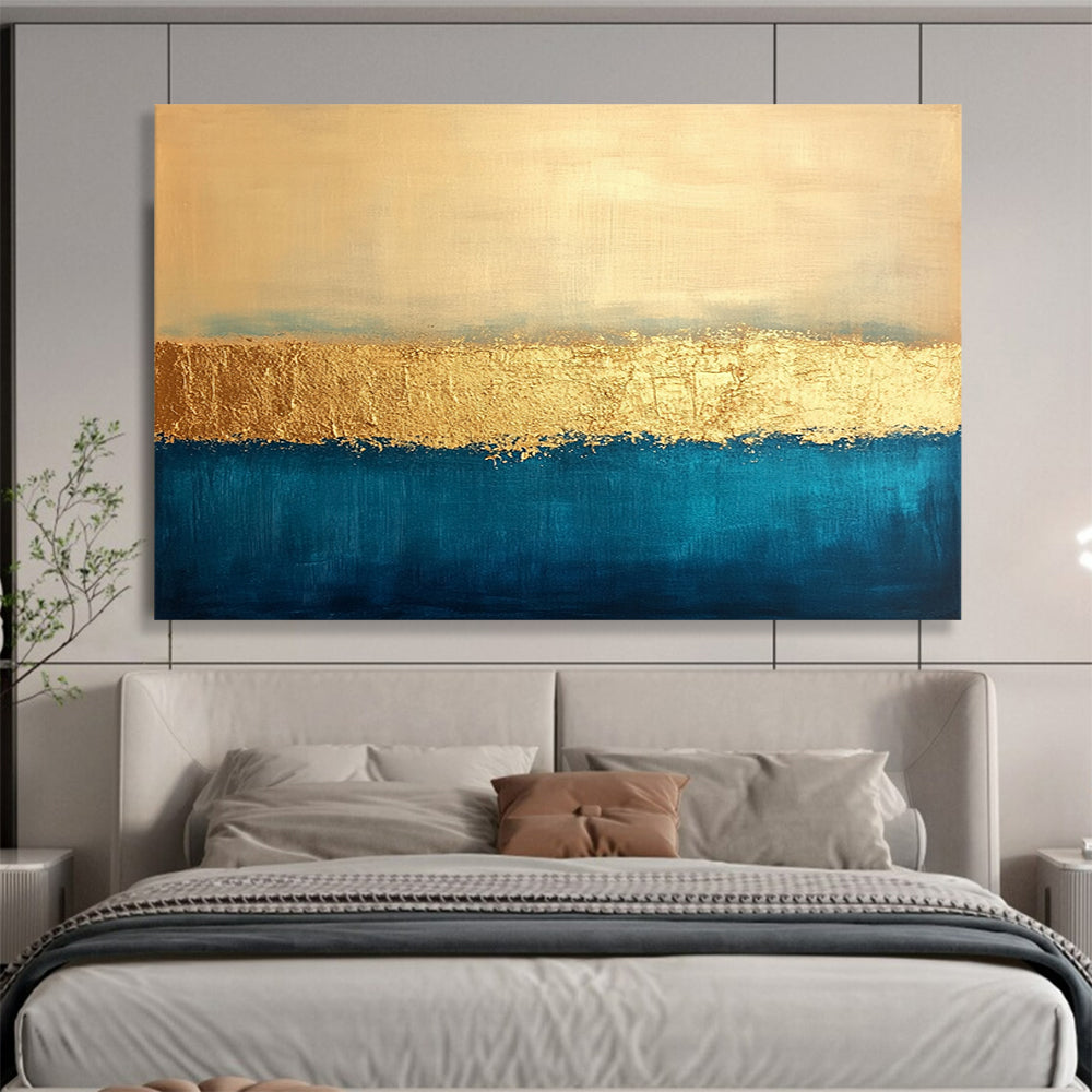 “Gold and Blue Striped Abstract” - Gold, Blue, Horizontal Stripes, Minimalist Painting On Canvas HB0897