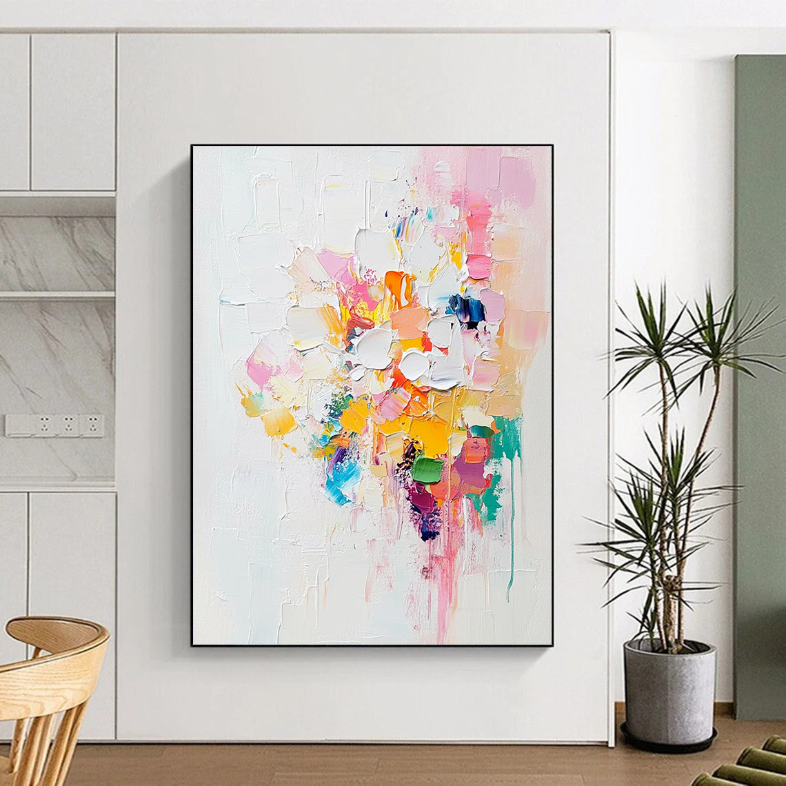 Contemporary hand-painted abstract artwork with white and pastel colors enriched by vibrant accents and thick impasto brushstrokes. DLZ0519