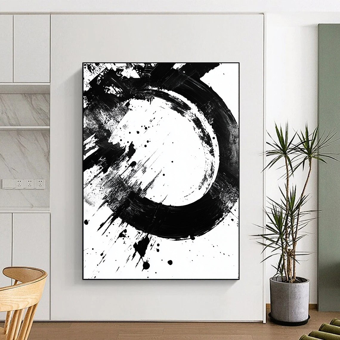 Black Circular Brushstroke with Splatter - “Dynamic Enso Splash” Painting On Canvas HB242