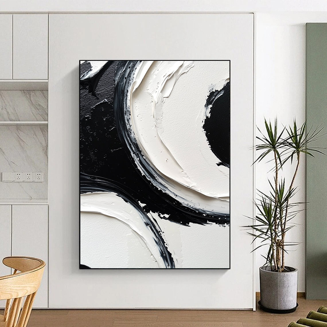 Contemporary abstract painting featuring monochrome black and white circles on a large canvas with meticulous brush strokes and high-resolution detail. DLZ0613
