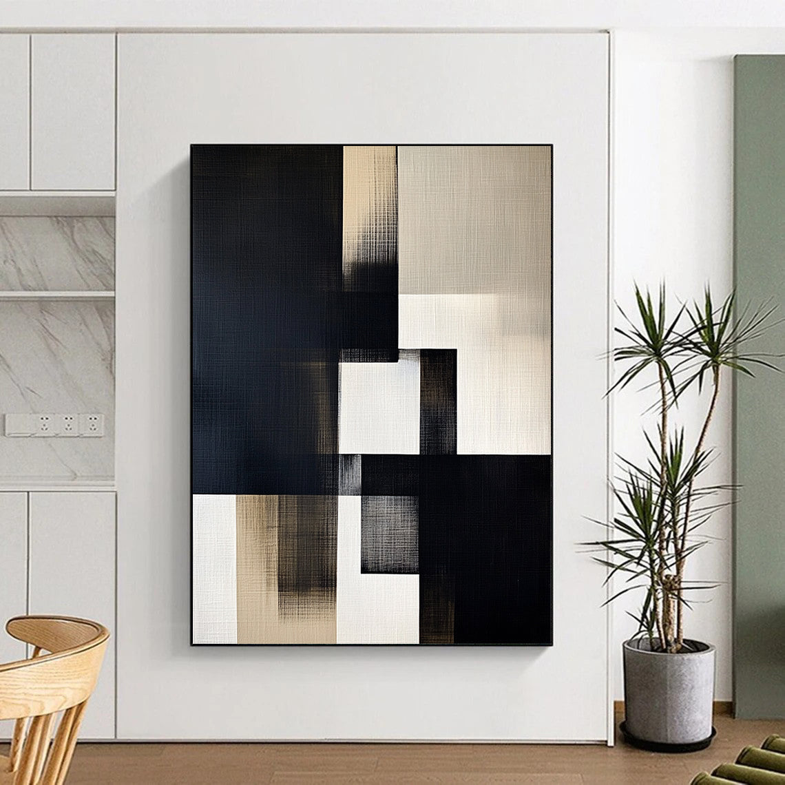Contemporary hand-painted abstract artwork featuring black, white, and gray geometric shapes on off-white linen with illuminated highlights. DLZ1307