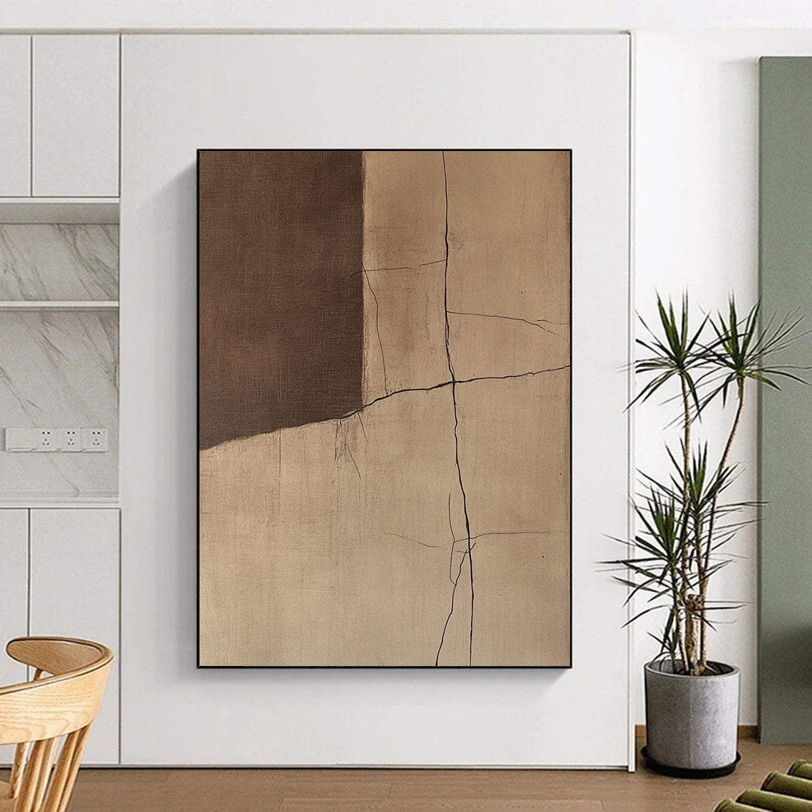 Contemporary abstract artwork showcasing textured wall cracks in warm brown and beige tones inspired by Jean-Que Demoiselle's unique style. DLZ0860