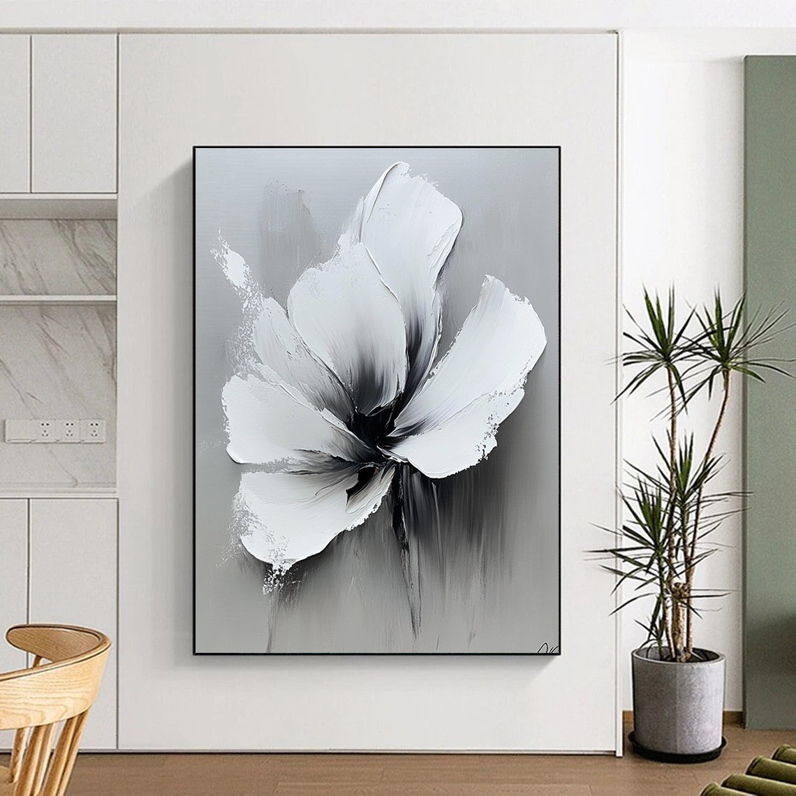 Contemporary abstract oil painting featuring bold white flowers and a high contrast black and gray palette on a neutral background. DLZ0827