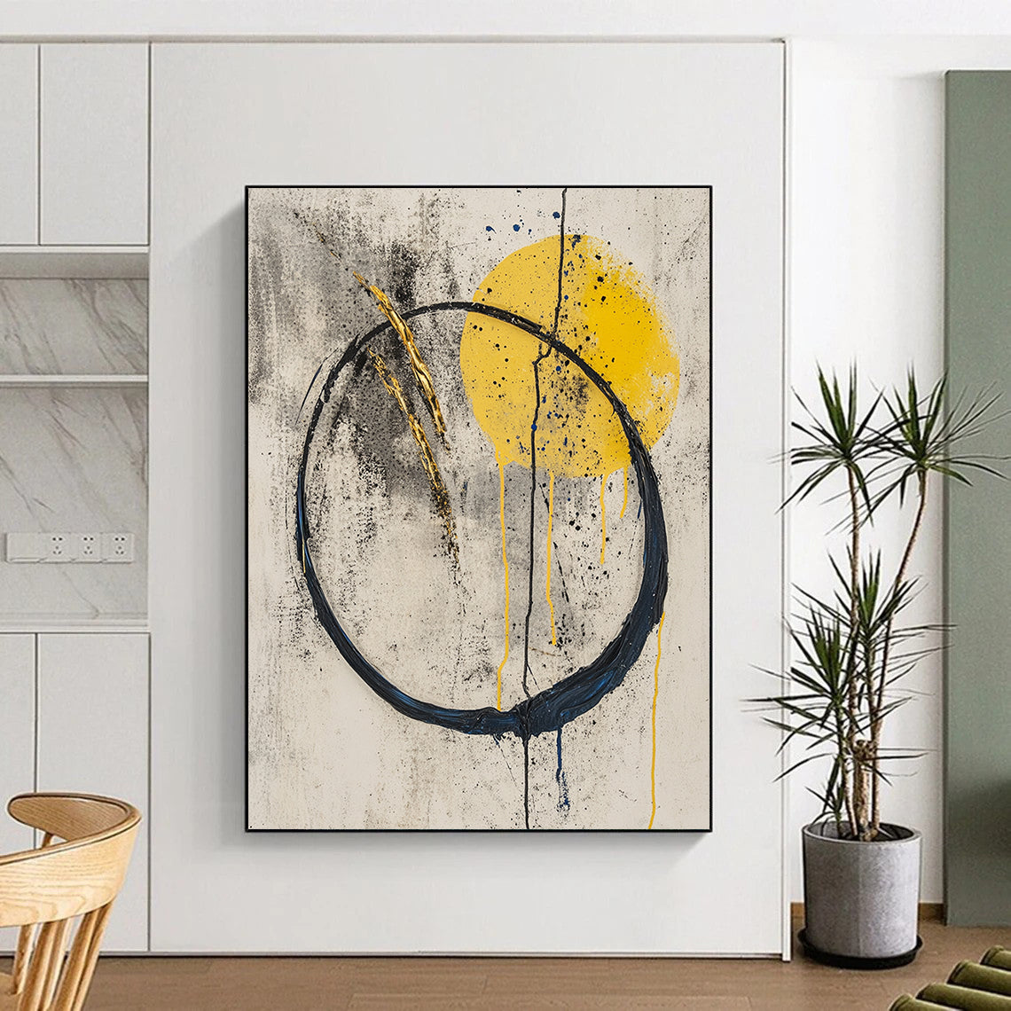 Gray, Yellow, Black, Gold, Circular Motifs "Sunrise Enso" Abstract Zen - Inspired Painting On Canvas HB057