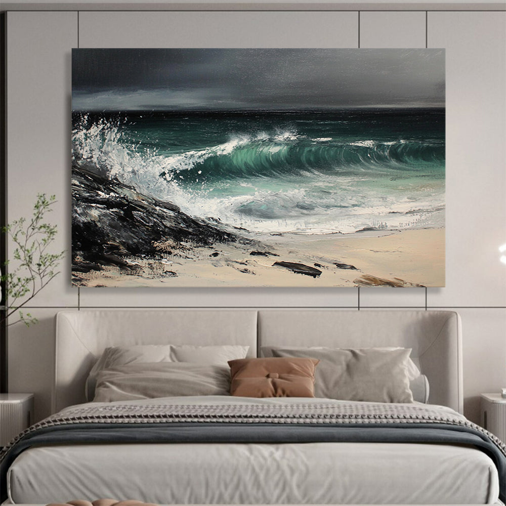 Black, Green, White and Beige Stormy Seaside "Tempest Tide" Painting On Canvas HB0669